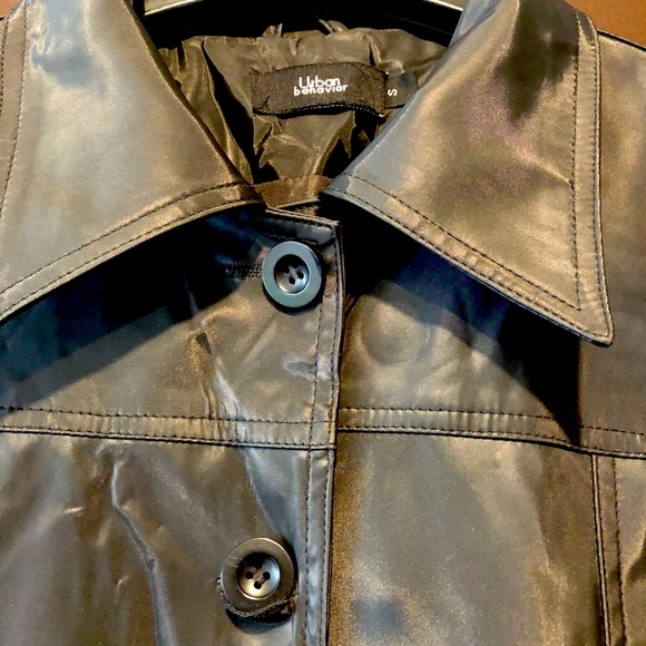 Urban Behavior Shiny Black Faux Leather Trench Coat Button Down Front & Belt Tie - Picture 3 of 5